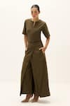 Buy_Kharakapas_Olive Green Cotton, Oxford V-neck Aluna Jumpsuit _Online_at_Aza_Fashions