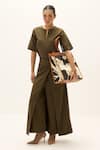 Shop_Kharakapas_Olive Green Cotton, Oxford V-neck Aluna Jumpsuit _Online_at_Aza_Fashions