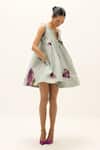 Shop_Kharakapas_Blue Cotton, Oxford Split V-neck Petal Play Dress _Online_at_Aza_Fashions