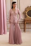 Buy_Label Sanya Gulati_Pink Georgette, Shantoon Embroidery, Sequins, Beads, Peplum Top With Palazzo _at_Aza_Fashions