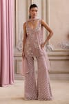 Buy_Label Sanya Gulati_Pink Net Sequins, Beads, Embroidery V-neck Kurta Palazzo Set _at_Aza_Fashions