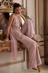 Shop_Label Sanya Gulati_Pink Net Sequins, Beads, Embroidery V-neck Kurta Palazzo Set _at_Aza_Fashions