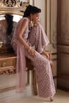 Label Sanya Gulati_Pink Net Sequins, Beads, Embroidery V-neck Kurta Palazzo Set _Online_at_Aza_Fashions