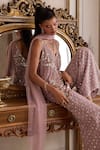 Buy_Label Sanya Gulati_Pink Net Sequins, Beads, Embroidery V-neck Kurta Palazzo Set _Online_at_Aza_Fashions
