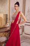 Label Sanya Gulati_Red Chiffon, Net Sequins, Stones, Beads, Pearls Pre-draped Saree With Corset _Online_at_Aza_Fashions