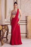 Buy_Label Sanya Gulati_Red Chiffon, Net Sequins, Stones, Beads, Pearls Pre-draped Saree With Corset _at_Aza_Fashions