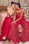 Buy_Label Sanya Gulati_Red Chiffon, Net Sequins, Stones, Beads, Pearls Pre-draped Saree With Corset _Online_at_Aza_Fashions