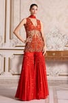 Buy_Label Sanya Gulati_Orange Georgette Sequins, Beads Cutwork Embroidered Peplum Kurta Sharara Set _at_Aza_Fashions