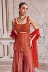 Label Sanya Gulati Orange Tissue, Net Pearls, Sequins, Beads Square Embroidered Corset Sharara Set Online at Aza Fashions Label Sanya Gulati_Orange Tissue, Net Pearls, Sequins, Beads Square Embroidered Corset Sharara Set _Online_at_Aza_Fashions