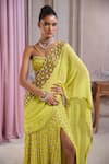 Buy_Label Sanya Gulati_Green Georgette, Shantoon Beads, Neon Slit Pre-draped Saree With Bustier _Online_at_Aza_Fashions