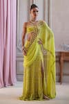 Buy_Label Sanya Gulati_Green Georgette, Shantoon Beads, Neon Slit Pre-draped Saree With Bustier _at_Aza_Fashions