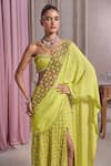 Shop_Label Sanya Gulati_Green Georgette, Shantoon Beads, Neon Slit Pre-draped Saree With Bustier _Online_at_Aza_Fashions