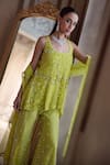 Label Sanya Gulati_Green Net Sequins, Mirrors, Beads Scoop Neck Neon Embroidered Short Kurta Set _Online_at_Aza_Fashions