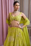 Buy_Label Sanya Gulati_Green Organza Applique, Pearls, Zari, Sequins, Embroidery, Neon Lehenga Set _Online_at_Aza_Fashions