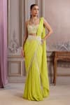 Buy_Label Sanya Gulati_Green Georgette Beads, Stones, Tassels, Pre-draped Saree With Blouse _at_Aza_Fashions