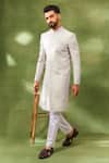 Spring Break_Beige Cotton Satin Embroidery Cream Sherwani Set _Online_at_Aza_Fashions