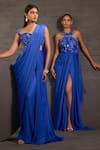 Shop_One Knot One By Ashna_Blue Georgette, Net Sequins, Metallic Pre-draped Saree With Cutwork Blouse _Online_at_Aza_Fashions