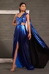 Buy_One Knot One By Ashna_Blue Lycra, Net, Georgette Metallic Pre-draped Saree With Embroidered Blouse _Online_at_Aza_Fashions