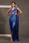 Buy_One Knot One By Ashna_Blue Lycra, Net, Georgette Metallic Pre-draped Saree With Embroidered Blouse _at_Aza_Fashions