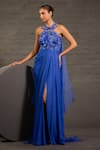 Buy_One Knot One By Ashna_Blue Georgette, Organza Sequins, Beads, Crystals, Stones Cutwork Drape Gown _Online_at_Aza_Fashions