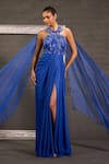 Shop_One Knot One By Ashna_Blue Georgette, Organza Sequins, Beads, Crystals, Stones Cutwork Drape Gown _Online_at_Aza_Fashions