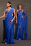 One Knot One By Ashna_Blue Georgette, Organza Sequins, Beads, Crystals, Stones Cutwork Drape Gown _at_Aza_Fashions