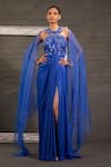 Buy_One Knot One By Ashna_Blue Georgette, Organza Sequins, Beads, Crystals, Stones Cutwork Drape Gown _at_Aza_Fashions