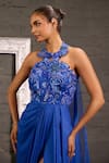 Shop_One Knot One By Ashna_Blue Georgette, Organza Sequins, Beads, Crystals, Stones Cutwork Drape Gown 