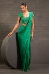 Buy_One Knot One By Ashna_Emerald Green Satin, Twill, Crepe Embroidery, Hand Pre-draped Saree With Blouse _Online_at_Aza_Fashions