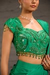 One Knot One By Ashna_Emerald Green Satin, Twill, Crepe Embroidery, Hand Pre-draped Saree With Blouse _at_Aza_Fashions