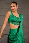 One Knot One By Ashna_Emerald Green Satin, Twill Hand Embroidered Pre-draped Saree With Blouse _Online_at_Aza_Fashions