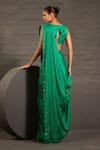 Shop_One Knot One By Ashna_Emerald Green Satin, Twill Hand Embroidered Pre-draped Saree With Blouse _at_Aza_Fashions