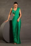 Shop_One Knot One By Ashna_Emerald Green Satin, Twill Hand Embroidered Pre-draped Saree With Blouse _Online_at_Aza_Fashions