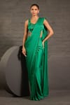 Buy_One Knot One By Ashna_Emerald Green Satin, Twill Hand Embroidered Pre-draped Saree With Blouse _at_Aza_Fashions