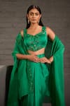 Shop_One Knot One By Ashna_Emerald Green Satin, Twill Sequins, Beads, Embroidery Open Hand Cape Skirt Set 
