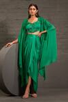 Buy_One Knot One By Ashna_Emerald Green Satin, Twill Sequins, Beads, Embroidery Open Hand Cape Skirt Set _at_Aza_Fashions