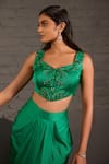 One Knot One By Ashna_Emerald Green Satin, Twill Sequins, Beads, Hand Waistcoat With Draped Skirt _Online_at_Aza_Fashions