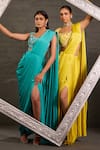 Shop_One Knot One By Ashna_Aqua Chiffon, Satin, Organza Hand Embroidered Blouse With Pre-draped Saree _Online_at_Aza_Fashions