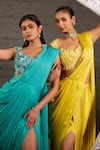 One Knot One By Ashna_Aqua Chiffon, Satin, Organza Hand Embroidered Blouse With Pre-draped Saree _at_Aza_Fashions