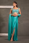 Buy_One Knot One By Ashna_Aqua Chiffon, Satin, Organza Hand Embroidered Blouse With Pre-draped Saree 