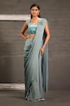Buy_One Knot One By Ashna_Green Satin, Crepe Beads, Sequins Ombre Embroidered Blouse With Pre-draped Saree _at_Aza_Fashions