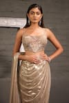 One Knot One By Ashna_Gold Organza, Net Sequins, Beads, Blouse With Metallic Pre-draped Saree _Online_at_Aza_Fashions