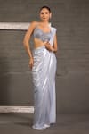 One Knot One By Ashna_Gray Net, Lycra Sequins, Beads, Embroidery Hand Blouse With Pre-draped Saree _at_Aza_Fashions