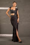 Buy_One Knot One By Ashna_Black Net, Georgette Sequins, Beads, Corset Blouse With Pre-draped Saree _Online_at_Aza_Fashions