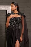 One Knot One By Ashna_Black Georgette, Net Beads, Sequins Hand Embroidered Corset Gown With Cape _Online_at_Aza_Fashions