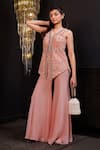 Hoity Moppet_Peach Net, Georgette Pearls, Stones V-neck Embroidered Kurta And Sharara Set _Online_at_Aza_Fashions