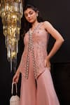 Hoity Moppet_Peach Net, Georgette Pearls, Stones V-neck Embroidered Kurta And Sharara Set _at_Aza_Fashions
