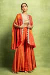 Buy_Vedika M_Orange Tissue Open Neck Abstract Floral Print Asymmetric Cape And Sharara Set _at_Aza_Fashions