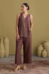 Shop_Vaaya_Brown Handloom , Silk, V-neck Handwoven Pant Set 