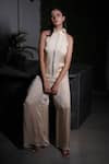 Buy_Vedangi Agarwal_Beige Satin Sequins, Metallic Thread High Neck Hour Scallop Top And Pant Set _at_Aza_Fashions